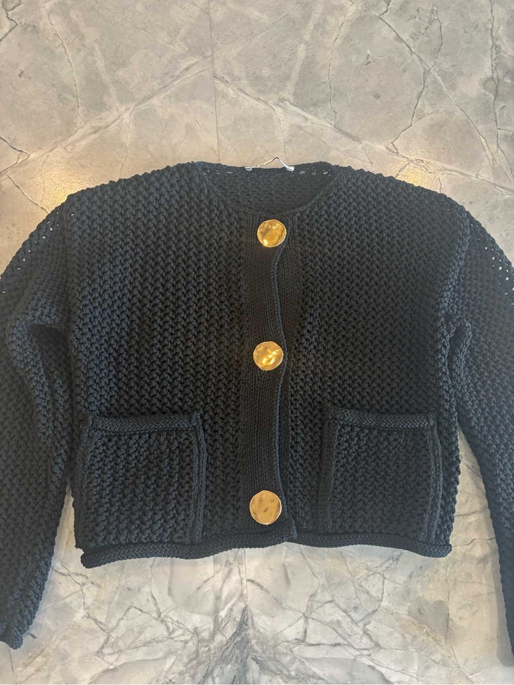 Zara Black Chunky Knit Cardigan with Gold Buttons